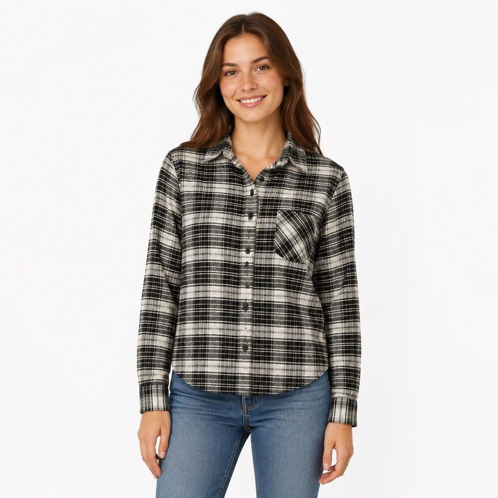 Title: Brandy Melville Black White Plaid Flannel Button-Up Shirt Size Unmarked